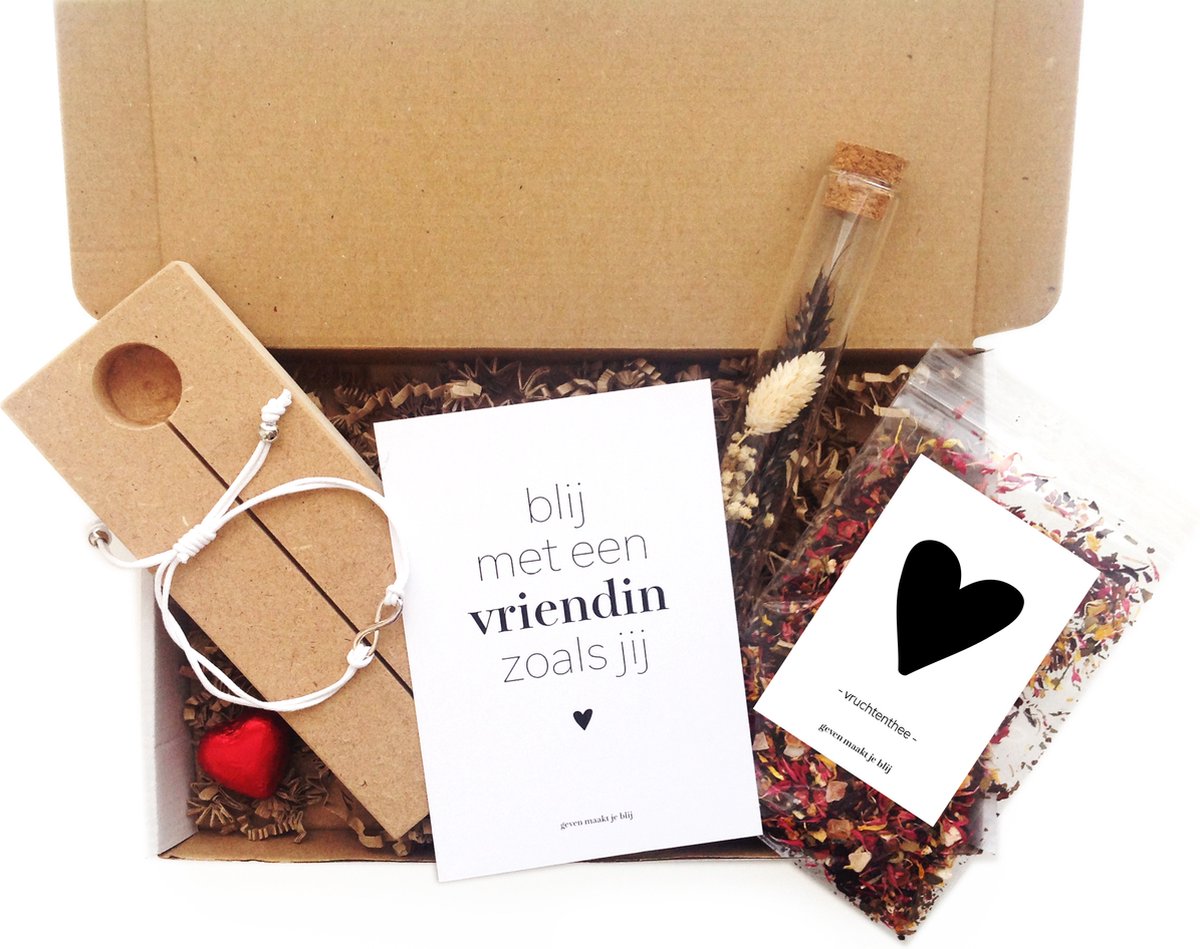 Cadeaupakket blij met een vriendin zoals jij | brievenbus | liefste vriendin | memory shelf met droogbloemen | infinity armbandje | thee